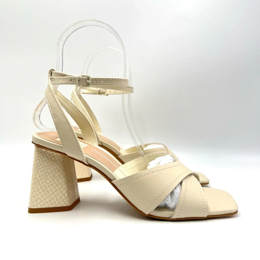 Dolce Vita Womens 7‎ 7M Tiki Cream Leather Square Toe Block Heels Sandals Shoes